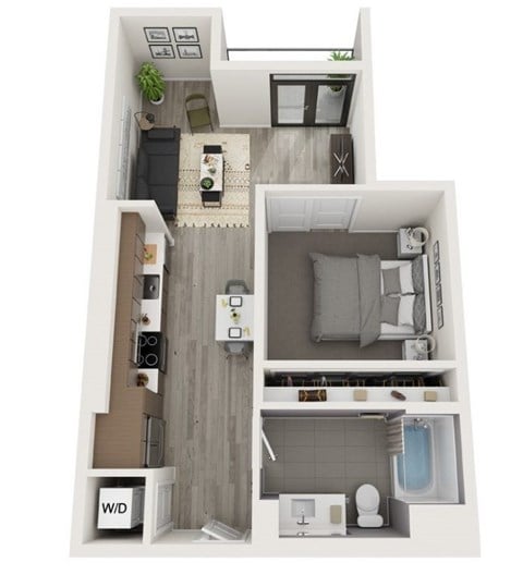 Floor plan for 1 bed, 1 bath, 648 sqft